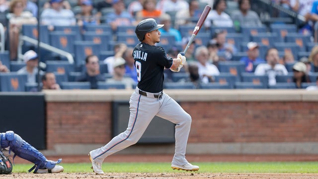 Javier Sanoja #8 of the Miami Marlins follows through on his second inning two run home run against the New York Mets at Citi Field on August 01, 2026 in New York City. 
