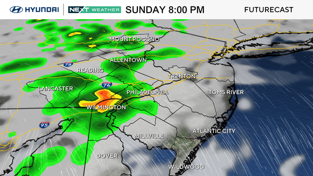 A weather map for Sunday at 8 p.m. shows rain in Philadelphia and some surrounding areas 