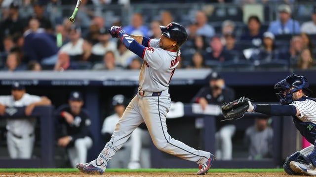 Jos&eacute; Ram&iacute;rez #11 of the Cleveland Guardians loses his bat and it goes into the stands during the game against the New York Yankees on June 2, 2026 at Yankee Stadium in the Bronx borough of New York City. 