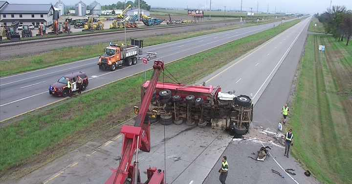 Westbound Highway 10 closed near Becker due to rolled truck