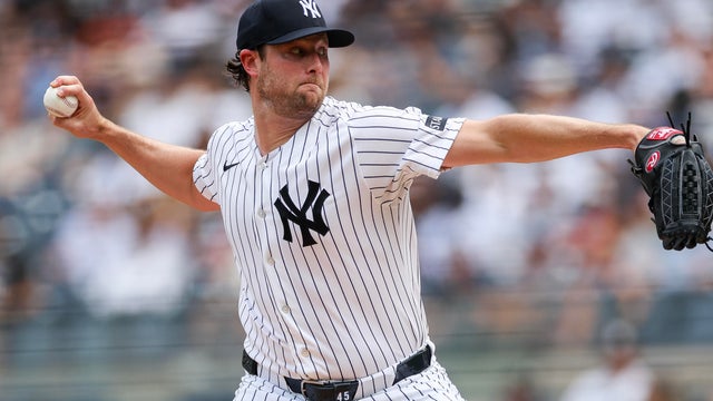 Gerrit Cole #45 of the New York Yankees pitches during game against the Atlanta Braves at Yankee Stadium on August 08, 2026 in the Bronx borough of New York City. 