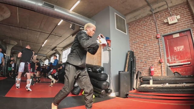 Jeremiah Delgado practices in the gym 