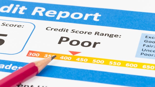 Poor credit score report with pen and calculator 
