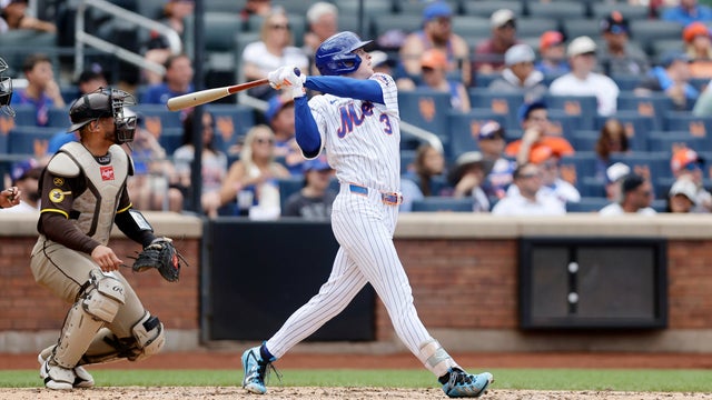 Carson Benge #3 of the New York Mets follows through on his fourth inning two run home run against the San Diego Padres at Citi Field on August 19, 2026 in New York City. 
