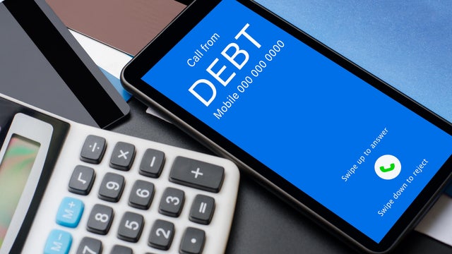 Top view of incoming call on smart phone screen from Creditor. Concept of business financial and debt. 