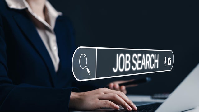 Job search and career opportunity concept. Businesswoman search for job opportunities on laptop with virtual search bar interface. online job hunting, career growth, and employment opportunities. 