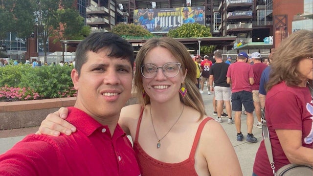 Ariel Whaley and Nelson Contreras-Gelves outside Citizens Bank Park for a Phillies game 
