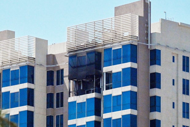 Damage to a residential building following what Kuwaiti authorities said was an Iranian drone attack is seen in Kuwait City, Sept. 3, 2026.
