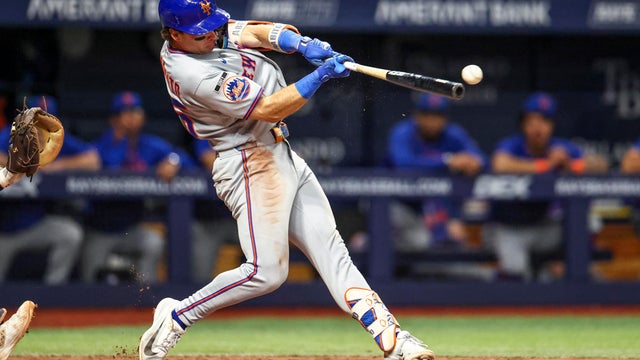 Nick Morabito #55 of the New York Mets hits a three RBI double in the top of the seventh inning against the Tampa Bay Rays at Tropicana Field on September 2, 2026 in St Petersburg, Florida. 