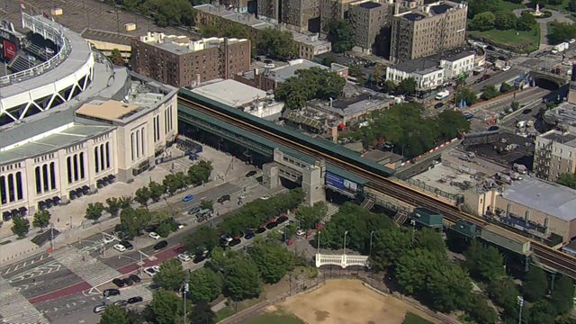 Aerial video of subway tracks near Yankee Stadium 