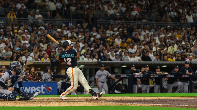 Luis Campusano #12 of the San Diego Padres hits a walk-off home run in the tenth inning during the game against the New York Yankees at Petco Park on September 4, 2026 in San Diego, California. 