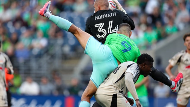 Ethan Horvath #34 of Red Bull New York makes a save during a game between Red Bull New York and the Seattle Sounders on September 5, 2026 at Lumen Field in Seattle, Washington. 