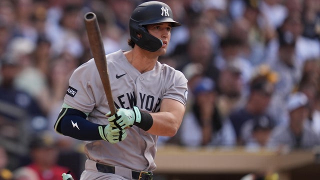 New York Yankees' Spencer Jones watches his RBI double during the second inning of a baseball game against the San Diego Padres Saturday, Sept. 5, 2026, in San Diego. 