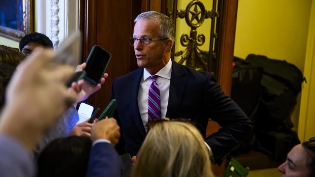 Senate Majority Leader John Thune speaks with reporters outside the Senate chamber at the U.S. Capitol on Monday, Sept. 14, 2026. 