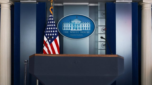 The lectern in the White House press briefing room is seen on Feb. 28, 2026, in Washington. 