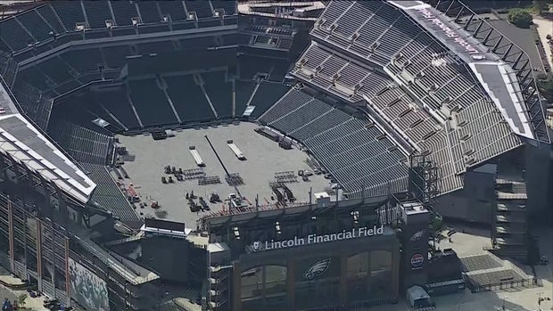 Chopper shot of Lincoln Financial Field, where crews are setting up for the concert 