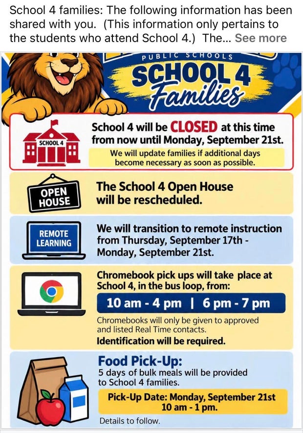 Chromebook pickup is Thursday from 10 a.m. to 4 p.m. and 6 p.m. to 7 p.m. Meal pickup is Monday from 10 a.m. to 1 p.m.  