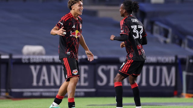 Julian Hall #16 and Mohammed Sofo #37 of the New York Red Bulls celebrate after his second half goal against New York City Football Club at Yankee Stadium on September 18, 2026 in the Bronx borough of New York City. 