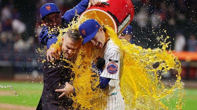 Carson Benge #3 of the New York Mets is doused with gatorade after breaking the New York Mets rookie hits record with 156 after their 10-3 win against the Philadelphia Phillies game at Citi Field on September 19, 2026 in New York City. 