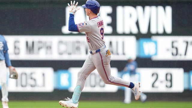 A.J. Ewing #9 of the New York Mets celebrates a three run home run in the seventh inning during a baseball game against the Washington Nationals at Nationals Park on September 26, 2026 in Washington, DC. 