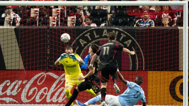 Lucas Hoyos #1 of Atlanta United FC blocks a shot by Andres Perea #8 of New York City FC during the first half of a game at Mercedes-Benz Stadium on September 26, 2026 in Atlanta, Georgia. 