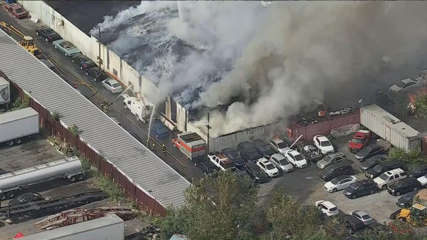 Chopper image of a fire at an auto facility in Southwest Philadelphia 