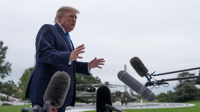 President Trump speaks to the media before departing the South Lawn of the White House on Oct. 3, 2026 in Washington, D.C. 