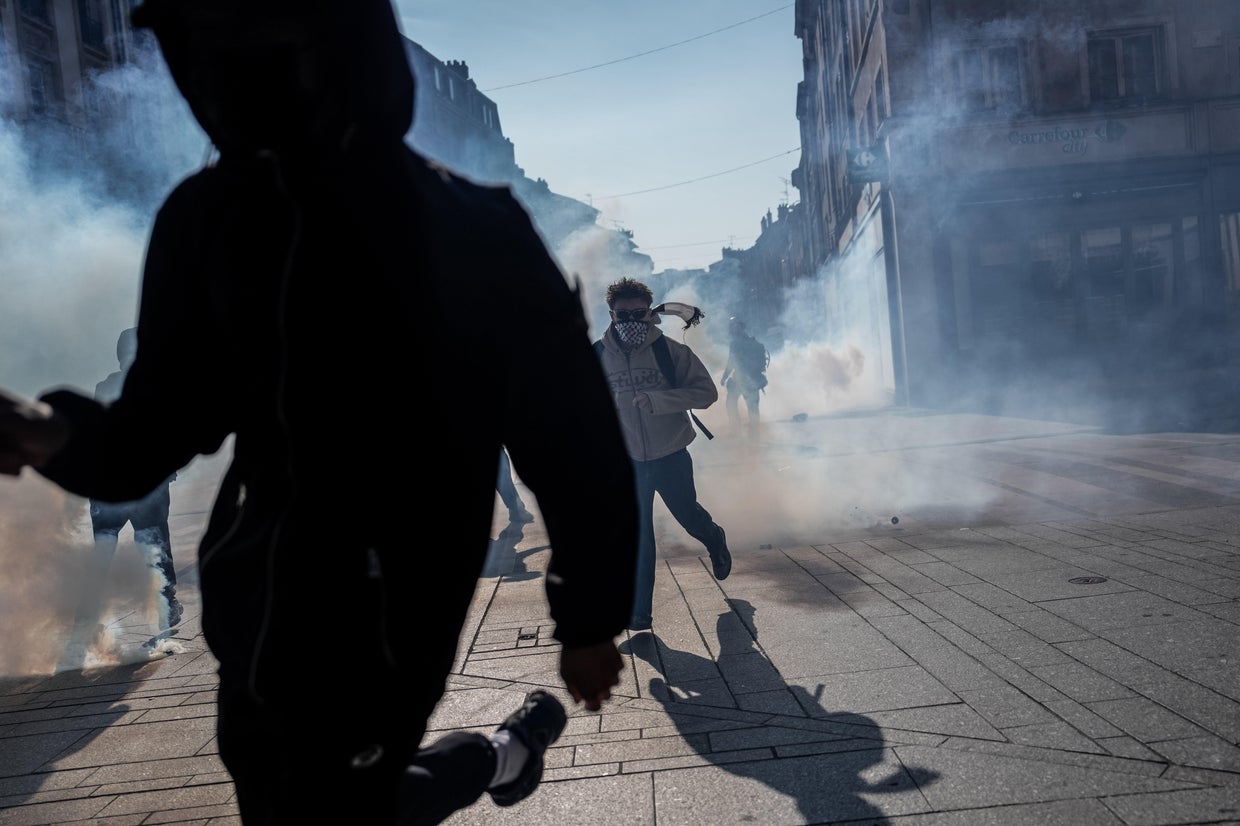 Demonstrators clash with police officers during a student protest in Nancy, France, Oct. 5, 2026. 