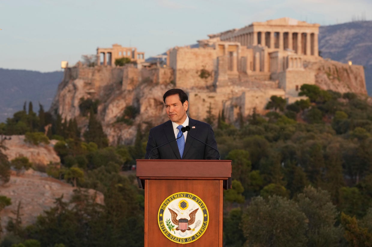 U.S. Secretary of State Marco Rubio speaks at the Pnyx hill, where ancient Athenians held democratic assemblies, with the ancient Parthenon temple atop the Acropolis in the background, on Wednesday, Oct. 7, 2026. 