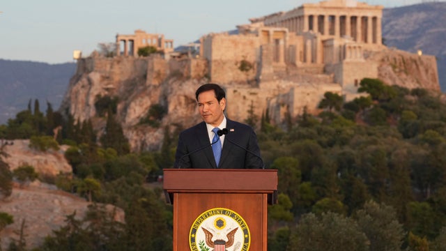 U.S. Secretary of State Marco Rubio speaks at the Pnyx hill, where ancient Athenians held democratic assemblies, with the ancient Parthenon temple atop the Acropolis in the background, on Wednesday, Oct. 7, 2026. 