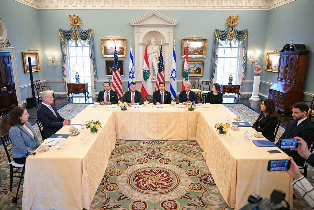 Secretary of State Marco Rubio speaks during a meeting with Lebanese Ambassador Nada Hamadeh Moawad and Israeli Ambassador Yechiel Leiter at the State Department on April 14, 2026. 
