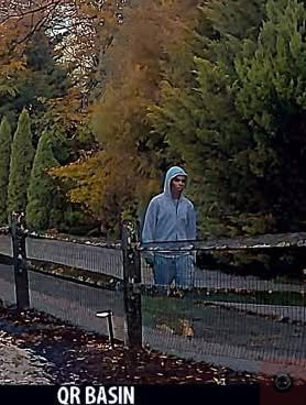 A man walks along a trail, he's wearing a gray hooded sweatshirt