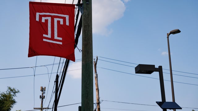 A Temple University flag hangs on a pole in Philadelphia 