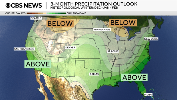 This map shows precipitation forecasts across the U.S. for the upcoming winter season. CBS News
