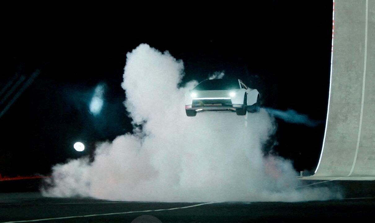Tesla unveiled its long-delayed new Roadster - which took flight using high-pressure gas boosters - at a launch event in Waco, Texas, Oct. 15, 2026, as seen in a photo taken from v