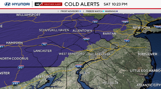 Freeze warnings are in effect north and west of Philadelphia 