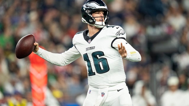 Tanner McKee prepares to throw the football during a preseason game against the New England Patriots 