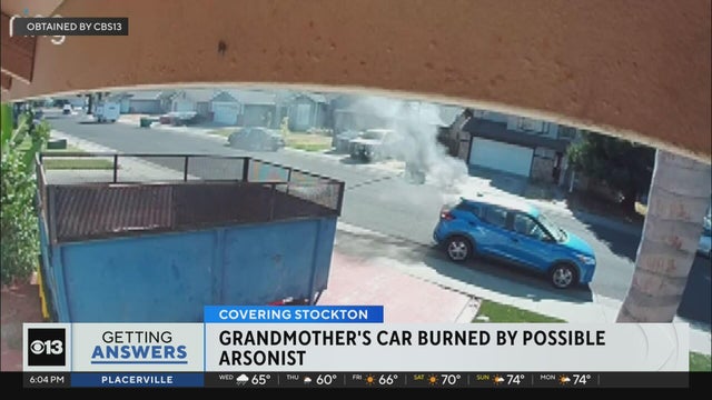 Stockton police search for masked suspect caught on camera setting car on fire