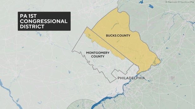 A map of the first congressional district in Pennsylvania, which includes Bucks County and part of Montgomery County