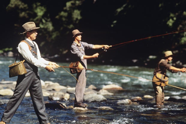 Tom Skerritt (Reverend Maclean), Craig Sheffer (Norman Maclean) and Brad Pitt (Paul Maclean) fly-fish in the Gallitin River during the filming of "A River Runs Through It" in 1991. 