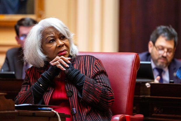 State Sen. L. Louise Lucas listens to speakers at the Virginia State Capitol in Richmond on Feb. 18, 2026.