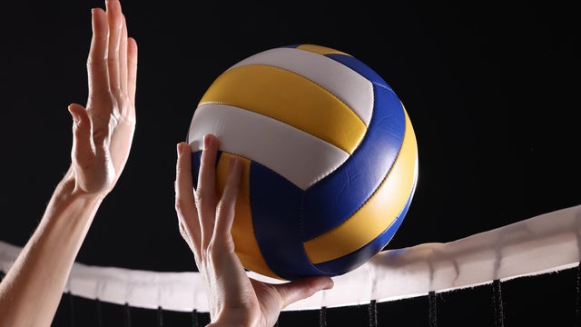 Volleyball spike hand block over the net 