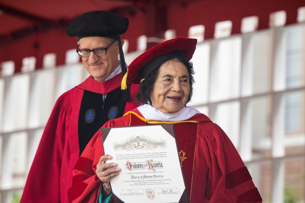 Dolores Huerta, co-founder of the United Farm Workers, receives an honorary degree from the University of Southern California in Los Angeles, May 12, 2023.