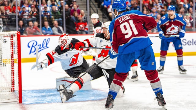 Nazem Kadri #91 of the Colorado Avalanche scores a third period goal against the New Jersey Devils at Ball Arena on October 28, 2026 in Denver, Colorado. 