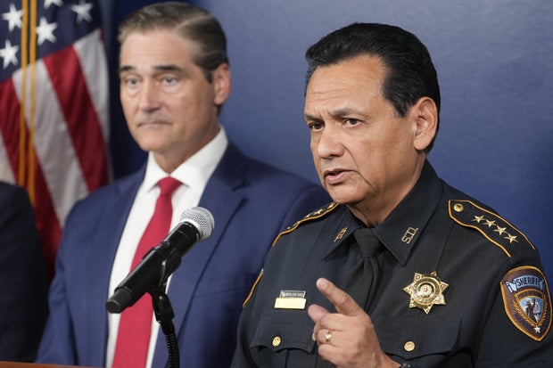 Harris County District Attorney Sean Teare, left, and Harris County Sheriff Ed Gonzalez attend a news conference Oct. 30, 2026, in Houston, announcing the indictment of U.S. Immigration and Customs Enforcement agent Mario Alberto Morales.