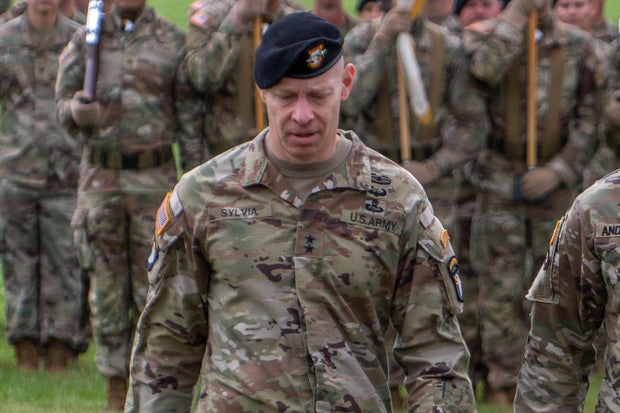 This photo provided by the U.S. Army shows Maj. Gen. Brett Sylvia at a 101st Airborne Division change-of-command ceremony at Fort Campbell, Kentucky, on May 30, 2025.